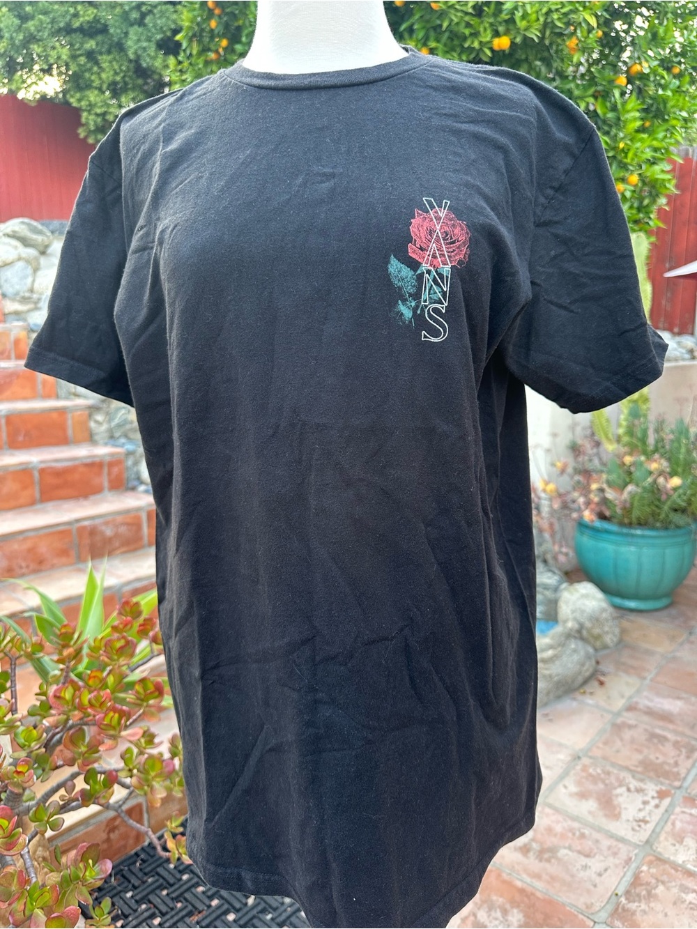 Vans Black Tee with Red & Teal Rose Graphic Size Medium
